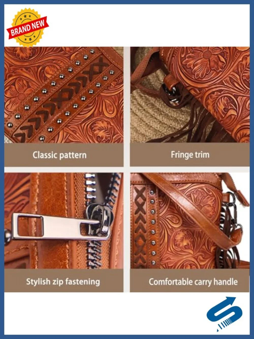 Boho Fringe Crossbody Bag Women PU Leather Floral Embossed Hobo Shoulder Bag